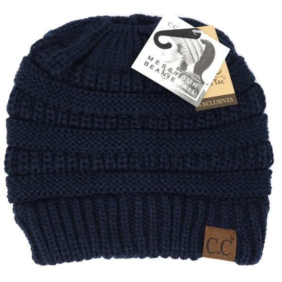 Accessories - CC Ponytail Beanie Hat Messy Bun Navy